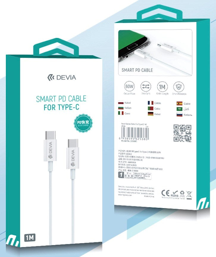 Devia - 1m (60W) Power Delivery - Type C to Type C Cable - White