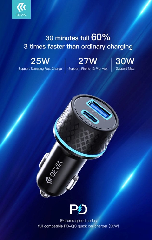 Devia - 30W Power Delivery USB-C & Qualcomm 3.0 USB Port Car Adapter - Black