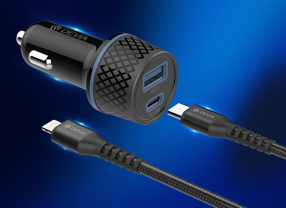Devia - 30W Power Delivery USB-C & Qualcomm 3.0 USB Port Car Adapter & 1m Type C to Non-MFI Lightning Cable - Black