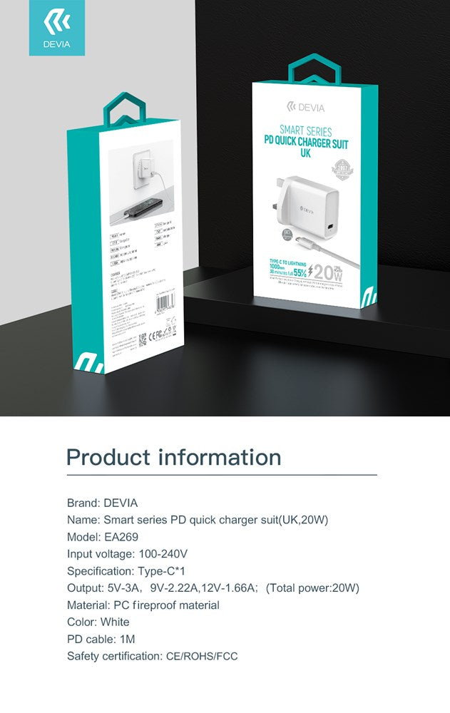 Devia - 20W Type C Power Delivery 3-Pin UK Charging Plug & 1m PD Type C to Lightning Cable - White