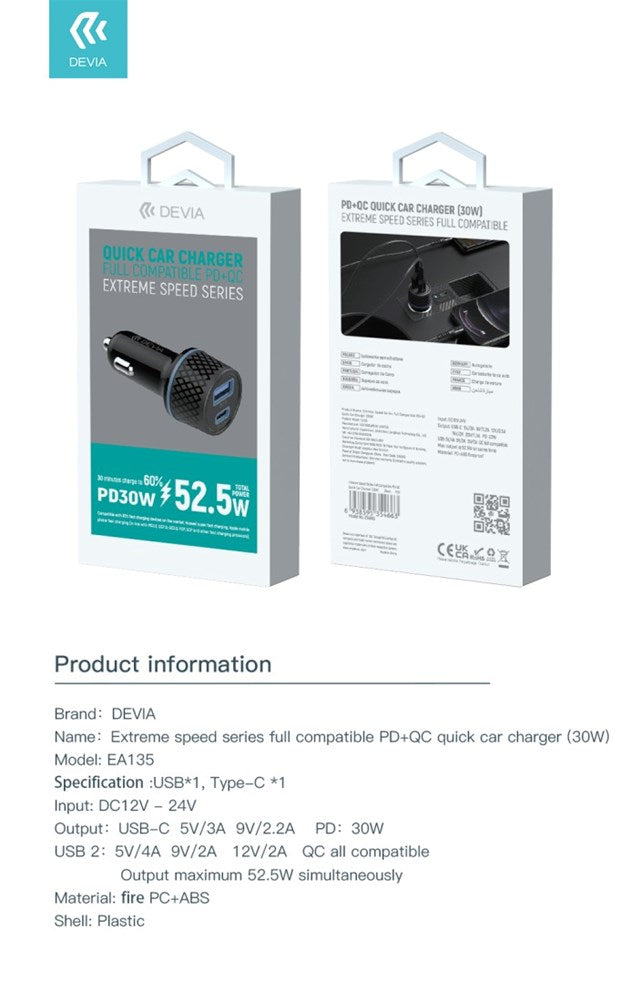 Devia - 30W Power Delivery USB-C & Qualcomm 3.0 USB Port Car Adapter - Black