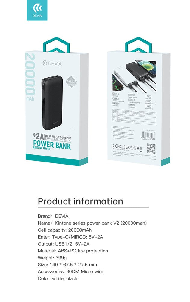 Devia - 20,000mAh Kintone Dual Port LED Indicator Powerbank - White