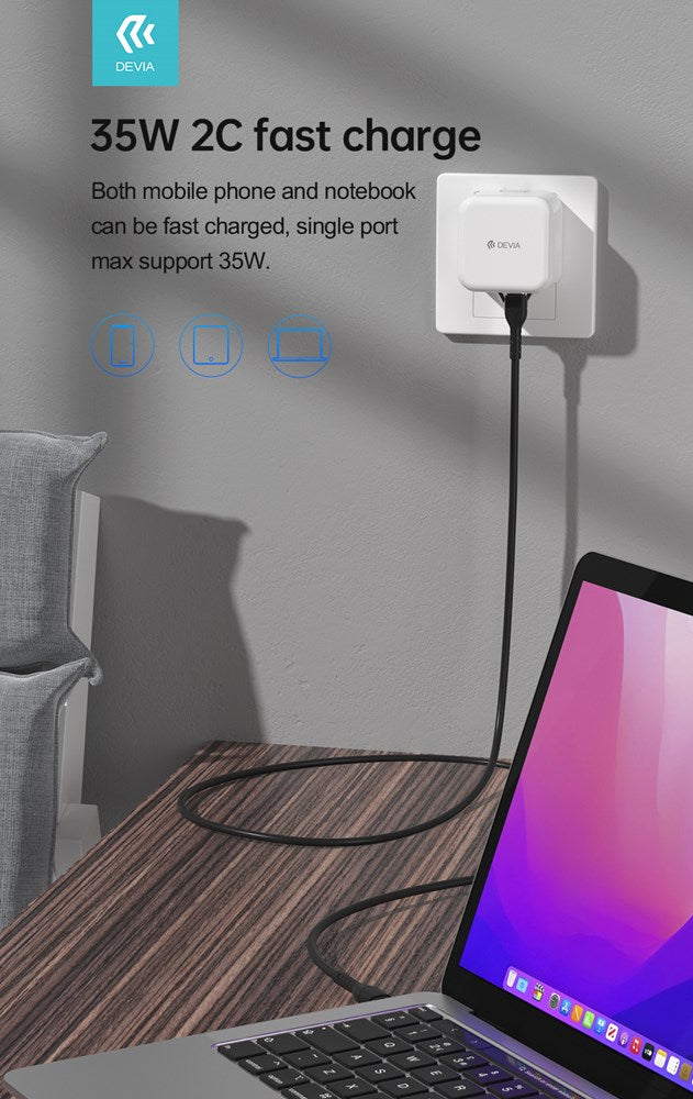 Devia - 35W GaN Dual Type C Power Delivery 3-Pin UK Charging Plug - White
