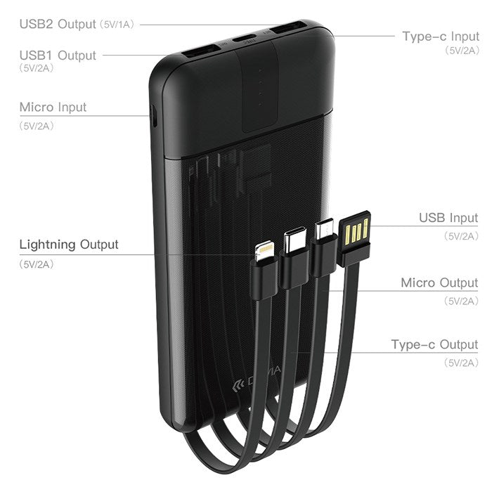 Devia - 10,000mAh Powerbank & USB, Lightning, MicroUSB & Type C Cable - Black