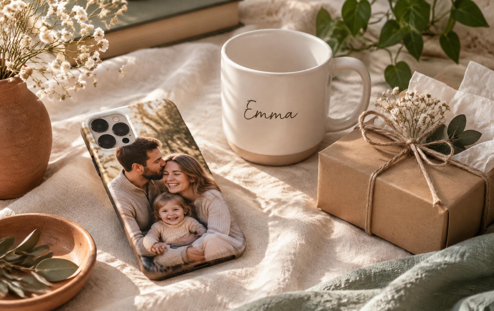 Personalised phone case, mug and gift box