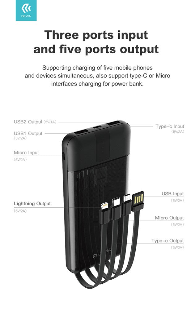 Devia - 10,000mAh Powerbank & USB, Lightning, MicroUSB & Type C Cable - Black