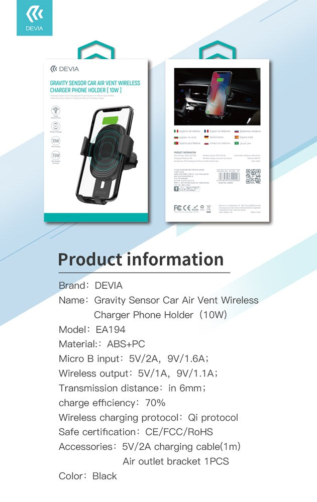 Devia - 10W Wireless Charging Gravity Sensor Air Vent Car Holder - Black