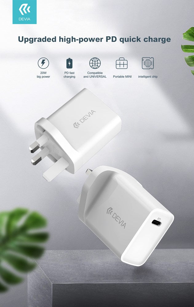 Devia - 20W Type C Power Delivery 3-Pin UK Charging Plug & 1m PD Type C to Lightning Cable - White